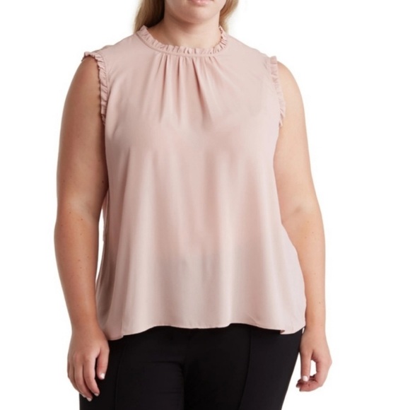 T Tahari Ruffle Mock Neck Double Fabric Sided Blouse in Blush Pink, Plus Size 2X - Picture 1 of 6